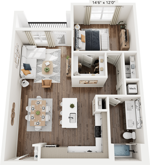 Floor plan for 1 bed, 1 bath, 884 sqft
